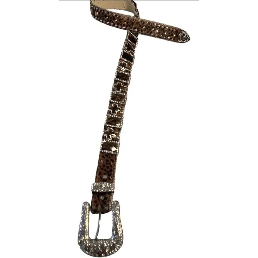 Nocona Western Women's Belt Leopard Leather Rhinestone Crosses Bling Med-SKU:055